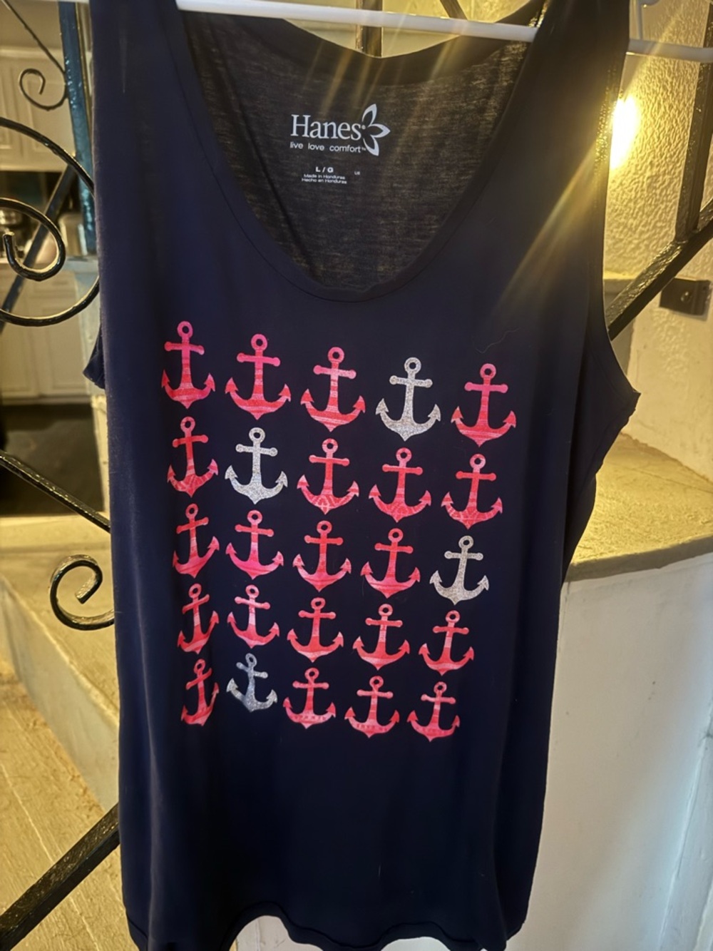 Hanes Navy Tank Top with Pink & Silver Anchors Pattern
